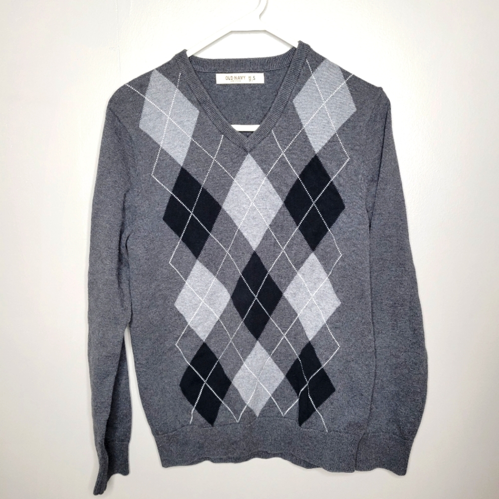 Old Navy Argyle Gray V-Neck Sweater